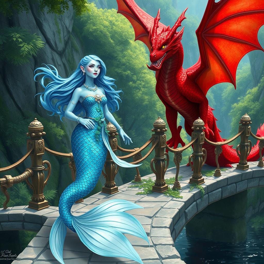 A stunning female blue merfolk with shimmering scales and flowing hair, standing gracefully on a majestic bridge