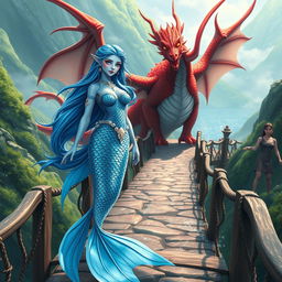 A stunning female blue merfolk with shimmering scales and flowing hair, standing gracefully on a majestic bridge