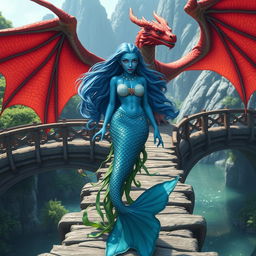 A stunning female blue merfolk with shimmering scales and flowing hair, standing gracefully on a majestic bridge