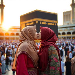 Two beautiful hijabi girls, their hijabs elegantly styled, sharing a tender kiss in front of the Kaaba