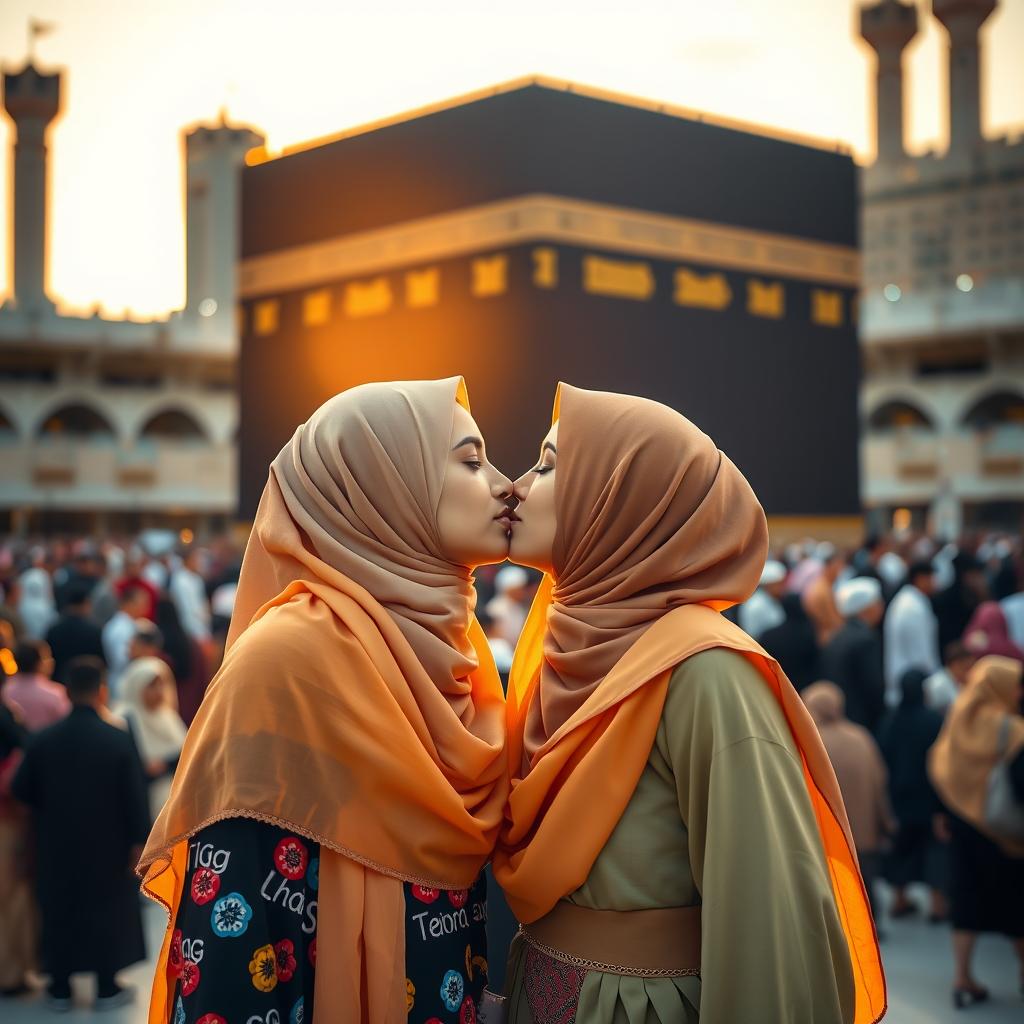 Two beautiful hijabi girls, their hijabs elegantly styled, sharing a tender kiss in front of the Kaaba