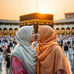 Two beautiful hijabi girls, their hijabs elegantly styled, sharing a tender kiss in front of the Kaaba