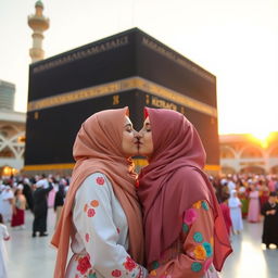 Two beautiful hijabi girls, their hijabs elegantly styled, sharing a tender kiss in front of the Kaaba