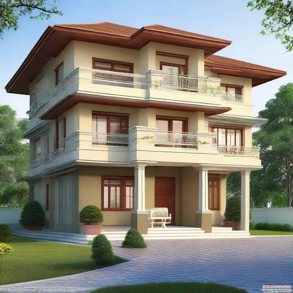 A beautiful two-story house, designed in Assam style, with a sheet on the first floor and a balcony area.