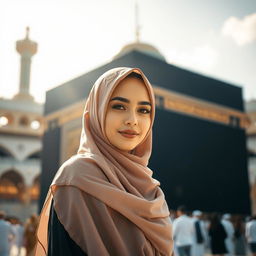 A serene and captivating scene of a beautiful woman wearing a hijab, gracefully posed in front of the stunning Kaaba, surrounded by the tranquil atmosphere of the holy sanctuary