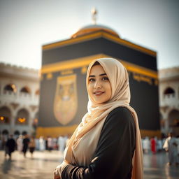 A serene and captivating scene of a beautiful woman wearing a hijab, gracefully posed in front of the stunning Kaaba, surrounded by the tranquil atmosphere of the holy sanctuary