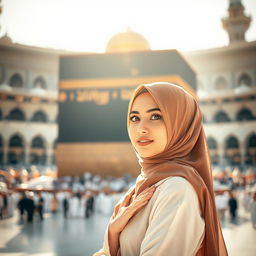 A serene and captivating scene of a beautiful woman wearing a hijab, gracefully posed in front of the stunning Kaaba, surrounded by the tranquil atmosphere of the holy sanctuary