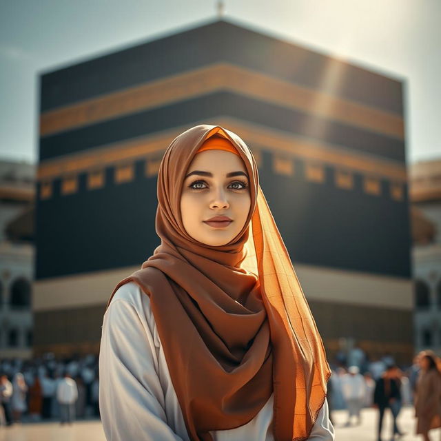 A serene and captivating scene of a beautiful woman wearing a hijab, gracefully posed in front of the stunning Kaaba, surrounded by the tranquil atmosphere of the holy sanctuary