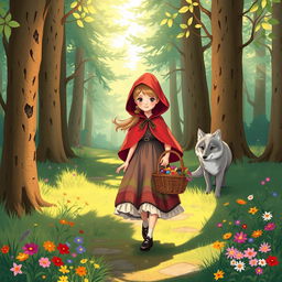 A whimsical and enchanting interpretation of Little Red Riding Hood walking through a lush, vibrant forest