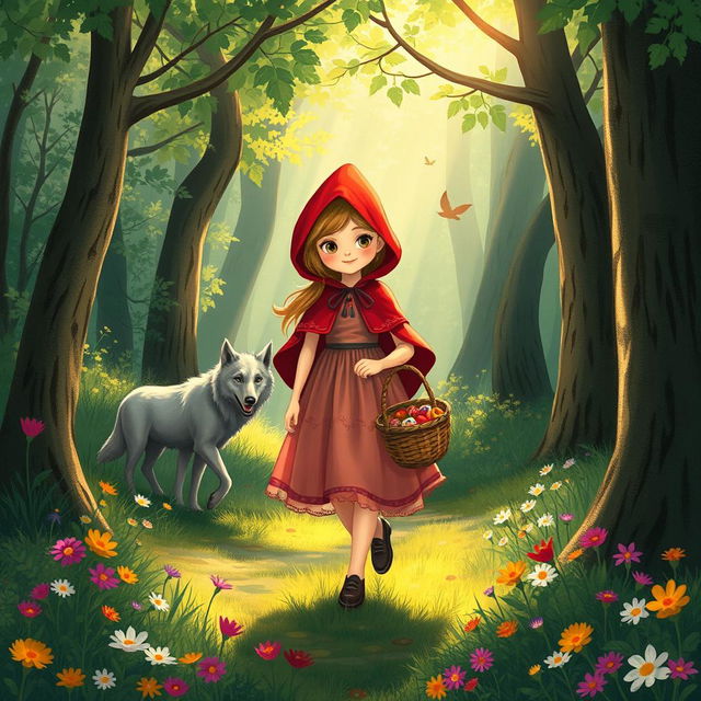 A whimsical and enchanting interpretation of Little Red Riding Hood walking through a lush, vibrant forest