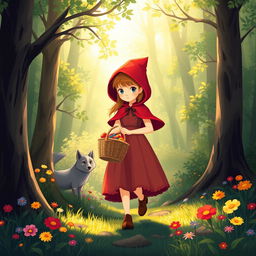 A whimsical and enchanting interpretation of Little Red Riding Hood walking through a lush, vibrant forest