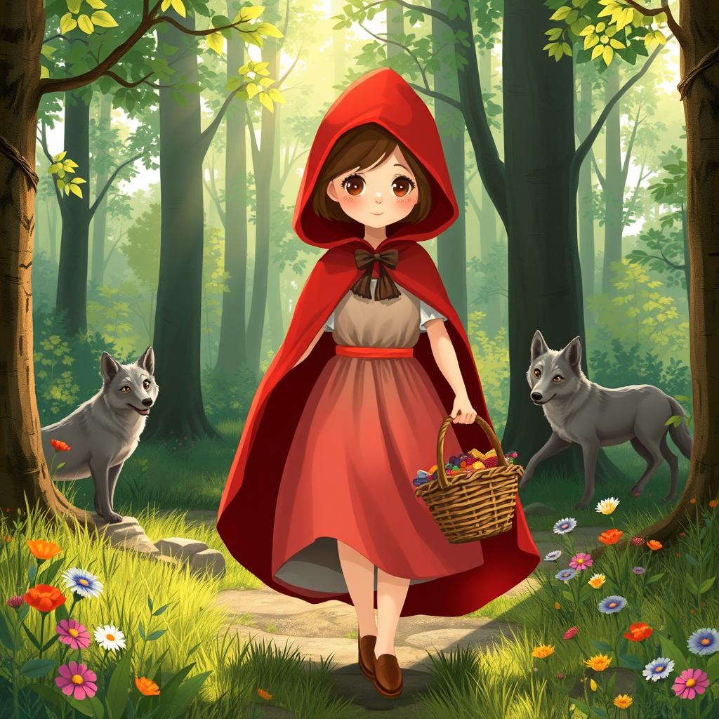 A whimsical and enchanting interpretation of Little Red Riding Hood walking through a lush, vibrant forest