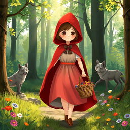 A whimsical and enchanting interpretation of Little Red Riding Hood walking through a lush, vibrant forest