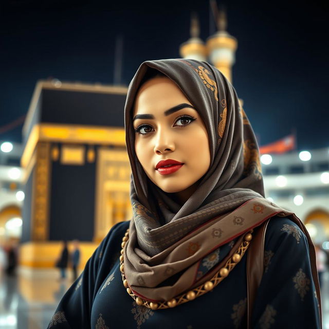 A striking image of a stylish woman wearing a fashionable hijab, exuding confidence and allure as she poses near the iconic Kaaba