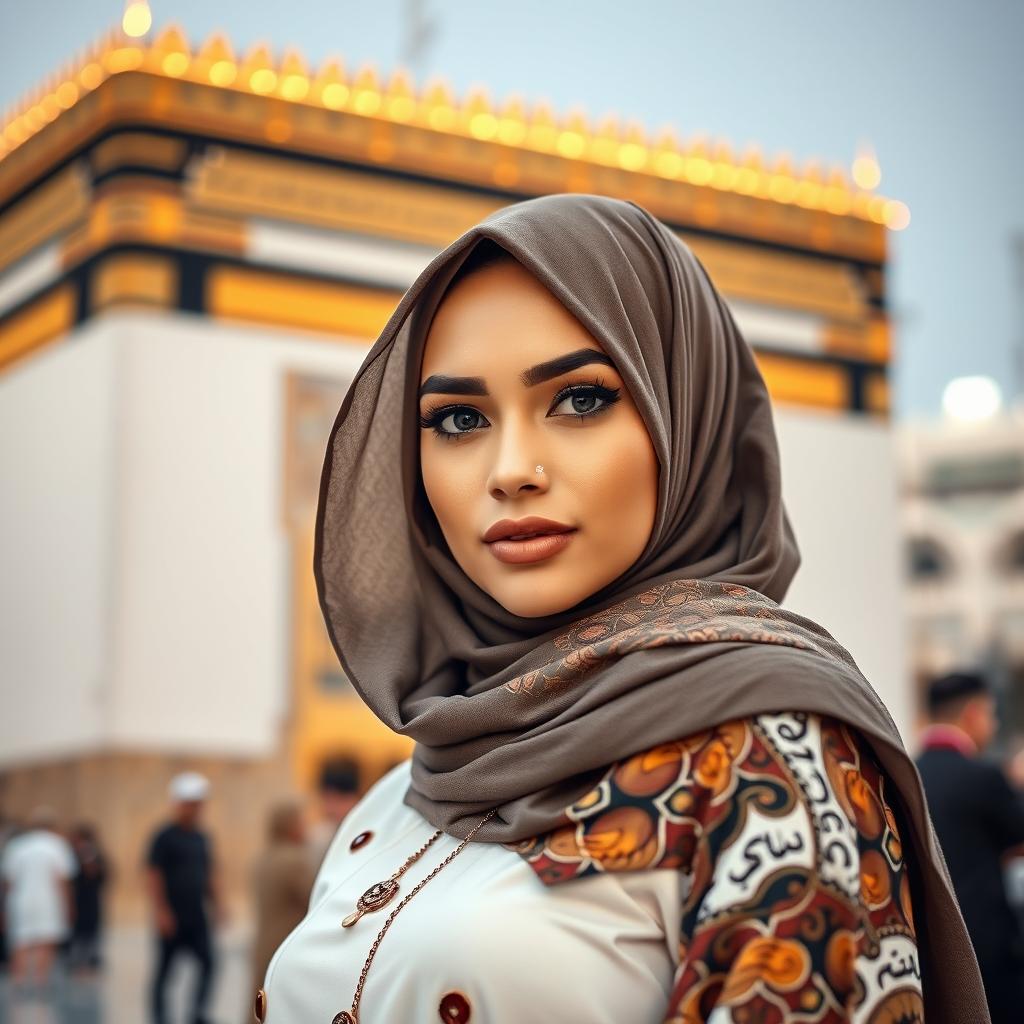 A striking image of a stylish woman wearing a fashionable hijab, exuding confidence and allure as she poses near the iconic Kaaba
