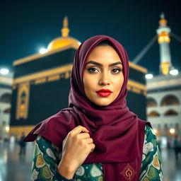 A striking image of a stylish woman wearing a fashionable hijab, exuding confidence and allure as she poses near the iconic Kaaba