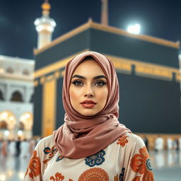 A striking image of a stylish woman wearing a fashionable hijab, exuding confidence and allure as she poses near the iconic Kaaba