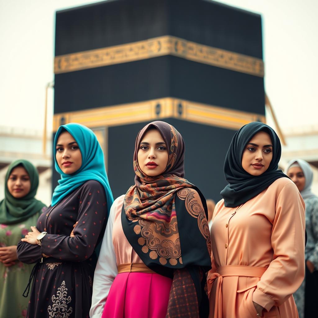 A striking and elegant composition featuring a group of stylish women wearing fashionable hijabs, exuding confidence and grace in front of the Kaaba