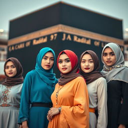 A striking and elegant composition featuring a group of stylish women wearing fashionable hijabs, exuding confidence and grace in front of the Kaaba