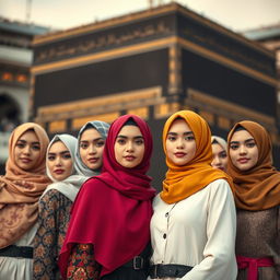 A striking and elegant composition featuring a group of stylish women wearing fashionable hijabs, exuding confidence and grace in front of the Kaaba