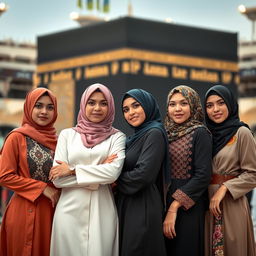 A striking and elegant composition featuring a group of stylish women wearing fashionable hijabs, exuding confidence and grace in front of the Kaaba