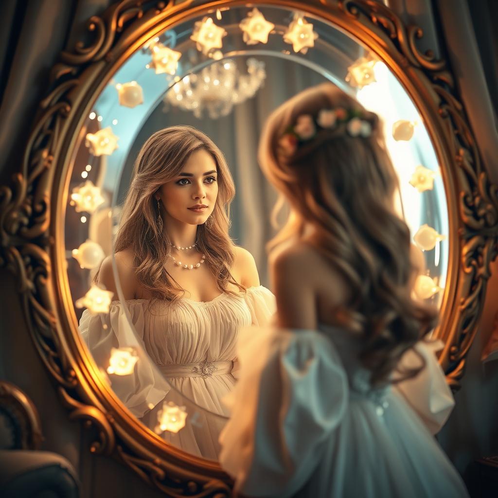 A mesmerizing scene featuring a beautiful woman gazing into an ornate, antique mirror