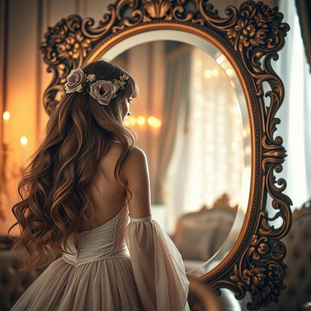 A mesmerizing scene featuring a beautiful woman gazing into an ornate, antique mirror