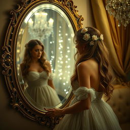 A mesmerizing scene featuring a beautiful woman gazing into an ornate, antique mirror