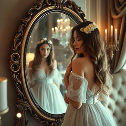 A mesmerizing scene featuring a beautiful woman gazing into an ornate, antique mirror