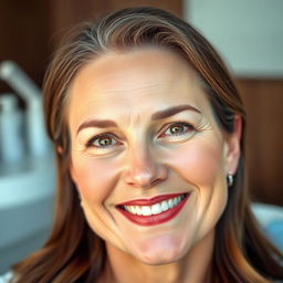 A beautifully styled, close-up portrait of a middle-aged woman smiling confidently, showcasing her smooth, flawless skin that highlights the effects of Botox
