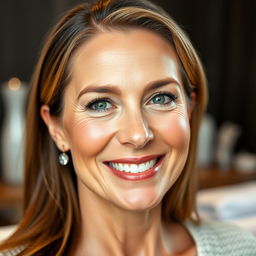 A beautifully styled, close-up portrait of a middle-aged woman smiling confidently, showcasing her smooth, flawless skin that highlights the effects of Botox