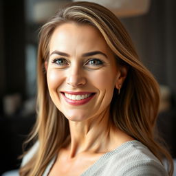 A beautifully styled, close-up portrait of a middle-aged woman smiling confidently, showcasing her smooth, flawless skin that highlights the effects of Botox