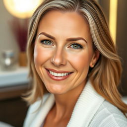 A beautifully styled, close-up portrait of a middle-aged woman smiling confidently, showcasing her smooth, flawless skin that highlights the effects of Botox