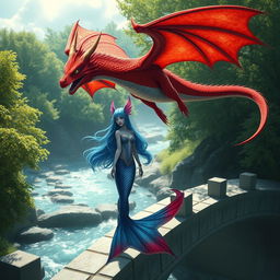 A stunning scene featuring a female blue merfolk with vibrant fish ears, standing gracefully on a stone bridge