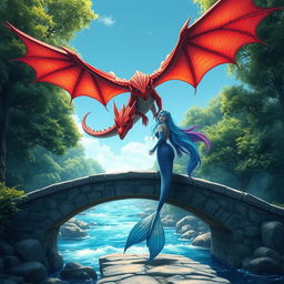 A stunning scene featuring a female blue merfolk with vibrant fish ears, standing gracefully on a stone bridge
