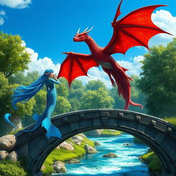 A stunning scene featuring a female blue merfolk with vibrant fish ears, standing gracefully on a stone bridge