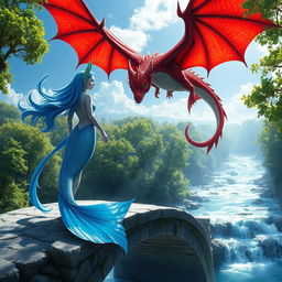 A stunning scene featuring a female blue merfolk with vibrant fish ears, standing gracefully on a stone bridge