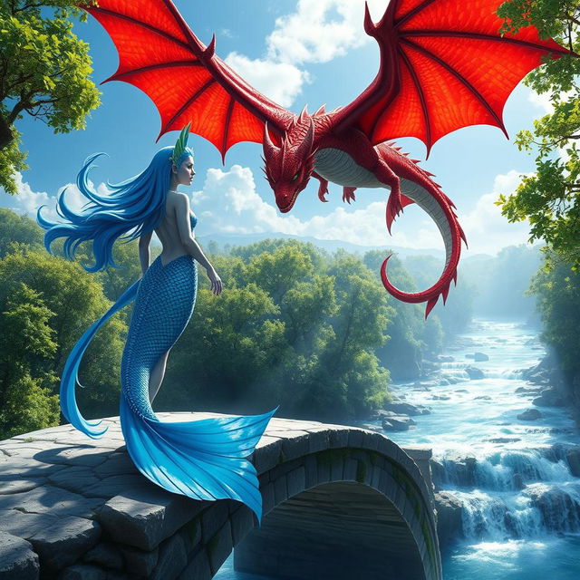 A stunning scene featuring a female blue merfolk with vibrant fish ears, standing gracefully on a stone bridge
