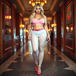 A full-length photograph of a sexy, stunning, curvy young woman with a soft face, long blond hair cascading down her back, and captivating crystal green eyes