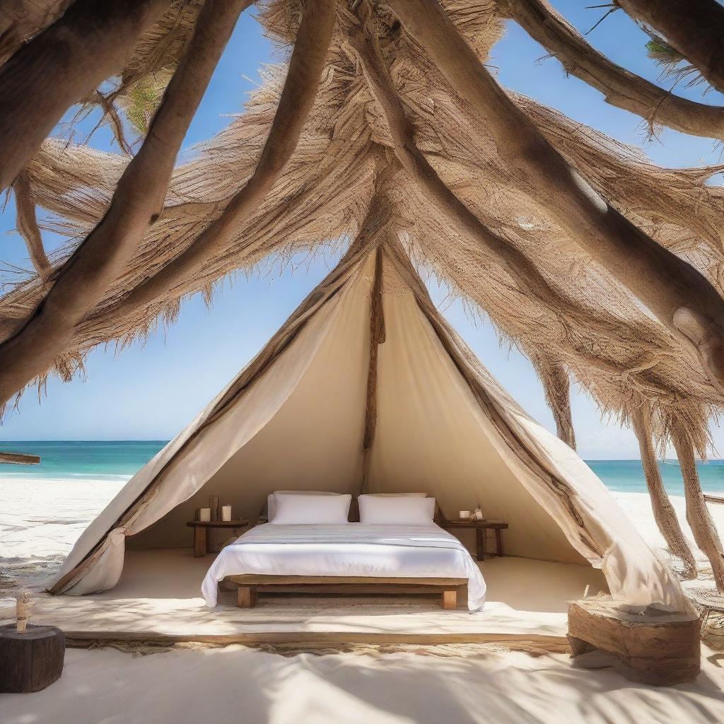 A breathtaking architectural tent, crafted intricately from pieces of driftwood and set on a serene, sandy beach with a gently lapping ocean in the backdrop.