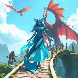 A majestic scene featuring a female blue merfolk with vibrant fish ears, gracefully poised on a stunning bridge