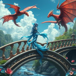 A majestic scene featuring a female blue merfolk with vibrant fish ears, gracefully poised on a stunning bridge