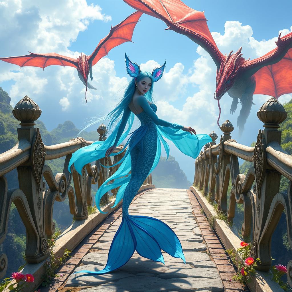 A majestic scene featuring a female blue merfolk with vibrant fish ears, gracefully poised on a stunning bridge