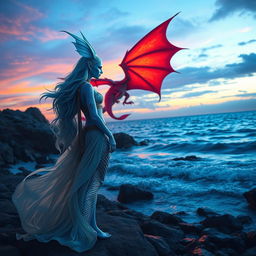 A mesmerizing scene featuring a beautiful female blue merfolk with stunning fish ears, adorned with iridescent scales and flowing long hair reminiscent of ocean waves