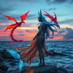 A mesmerizing scene featuring a beautiful female blue merfolk with stunning fish ears, adorned with iridescent scales and flowing long hair reminiscent of ocean waves