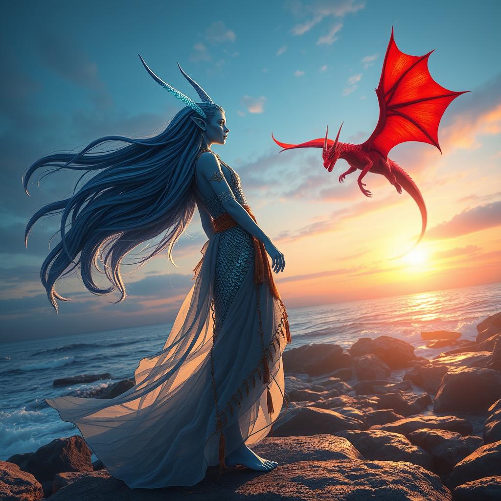 A mesmerizing scene featuring a beautiful female blue merfolk with stunning fish ears, adorned with iridescent scales and flowing long hair reminiscent of ocean waves