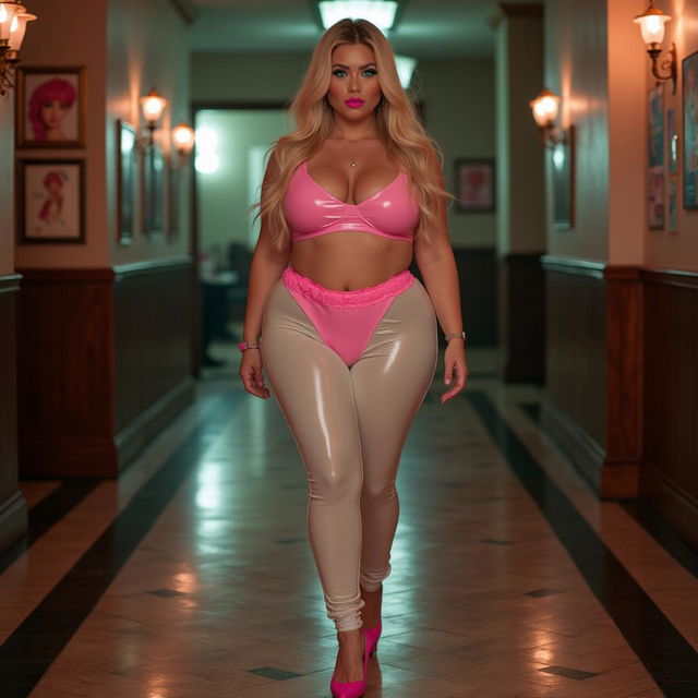 A full-length photograph of a sexy, stunning, beautiful young woman with a curvy, round face