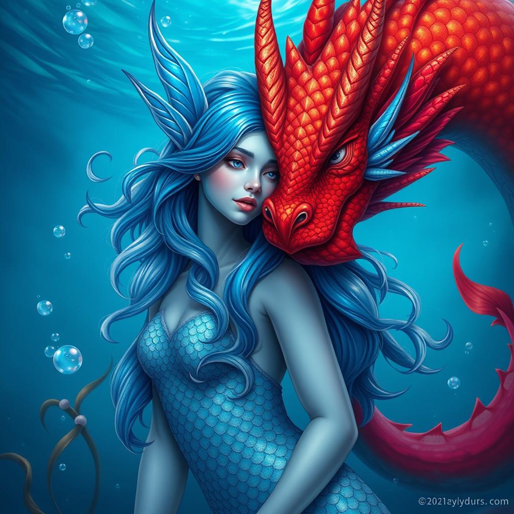 A stunning female blue merfolk with beautiful, shimmering scales, her fish-like ears elegantly protruding from her long wavy hair