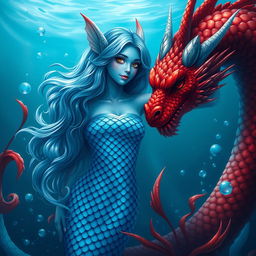 A stunning female blue merfolk with beautiful, shimmering scales, her fish-like ears elegantly protruding from her long wavy hair