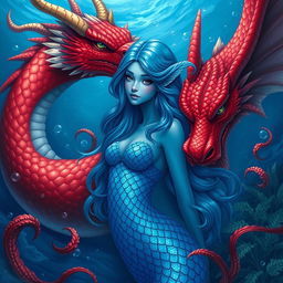 A stunning female blue merfolk with beautiful, shimmering scales, her fish-like ears elegantly protruding from her long wavy hair